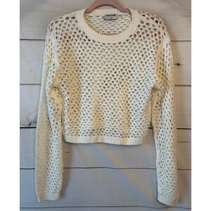 LNA Clothing White Open Knit Crochet Cropped Sweater Long Sleeve Medium